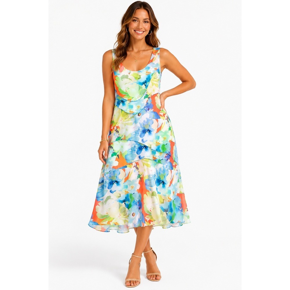 Sundance Silk Floral Midi Dress Womens 6 Blue Orange Watercolor Ruffle Tiered
